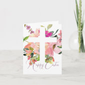 Carte Croix florale aquarelle rose Pâques (Devant)
