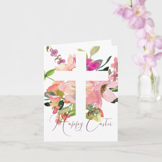 Carte Croix florale aquarelle rose Pâques (Orchidée)