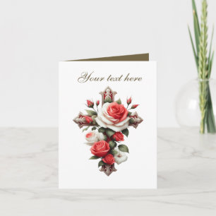 Carte Croix mignonne avec rose personnalisable