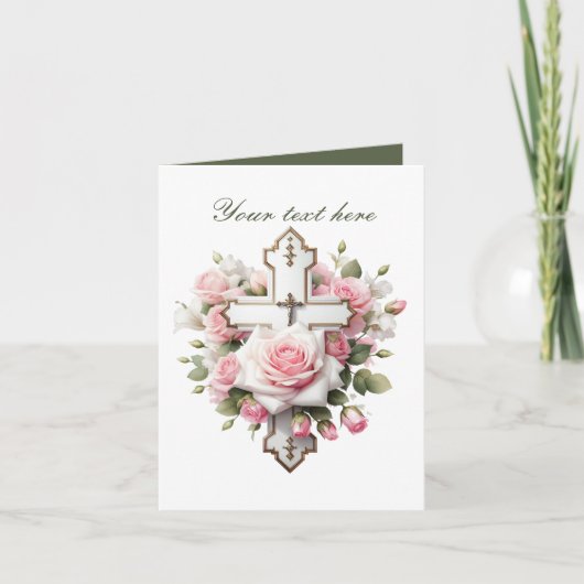 Carte Croix mignonne avec rose personnalisable (Devant)