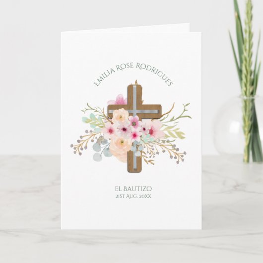 Carte Croix rose florale filles Bautizo Bautismo Baptism (Devant)