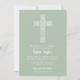 Carte Croix sur Sage Green Baptism, Christening Invitati