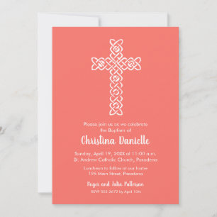 Carte Croix sur Vivre Coral Baptême, Christening Invitat