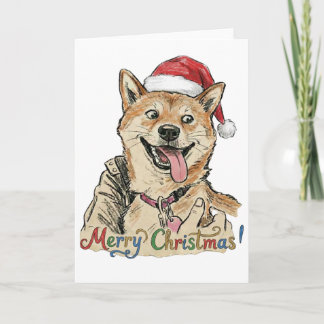 Carte Croquis rustique vintage de Shiba Inu pour Noël -