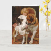 Carte Cru - une fille, un St Bernard et un chaton, (Fleur jaune)