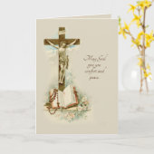 Carte Crucifix de condoléances catholique traditionnel (Fleur jaune)