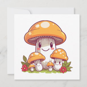 Carte Cueillette de champignons, style kawaii heureux
