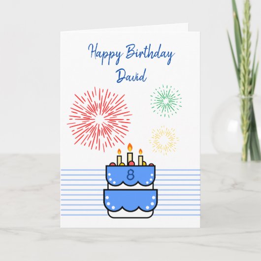 Carte Cuisine Fireworks et Cake Blue Boy 8e anniversaire (Devant)