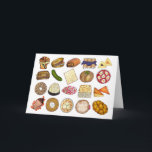 Carte Cuisine juive Cuisine de fêtes Repas de vacances A<br><div class="desc">Le design présente une illustration originale d'un assortiment de plats populaires de la cuisine juive, notamment : babka, bagel au fromage à tartiner et saumon fumé, rugelach, blintzes aux myrtilles, hamantash, sandwich Reuben, cornichon au fenouil casher, matzah, knish aux épinards, shakshuka, bagel « everything », macarons à la noix de...</div>