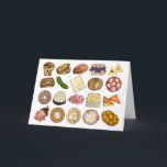 Carte Cuisine juive Cuisine Dîner de Vacances Aliments I<br><div class="desc">Design présente une illustration originale d'un assortiment d'aliments populaires dans la cuisine juive, y compris : babka, bagel avec fromage à la crème et lox, rugelach, blueberry blintzes, hamantash, sandwich reuben, cornichon à l'aneth casher, matzah, brunch aux épinards, shakshuka, tout bagel, macaron à la noix de coco, salade israélienne, kugel,...</div>
