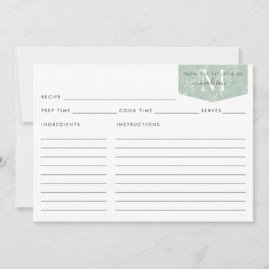 Carte Cuisine Monogramme Script Turquoise Floral Foliage (Devant)