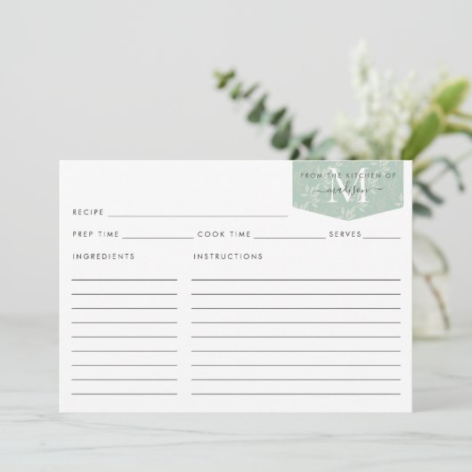 Carte Cuisine Monogramme Script Turquoise Floral Foliage (Debout devant)