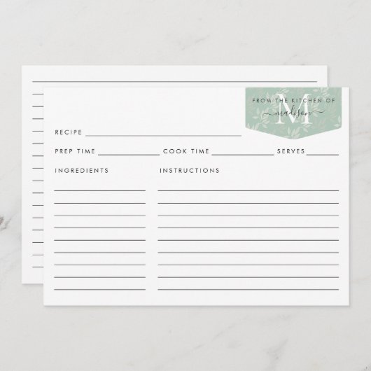 Carte Cuisine Monogramme Script Turquoise Floral Foliage (Devant / Derrière)