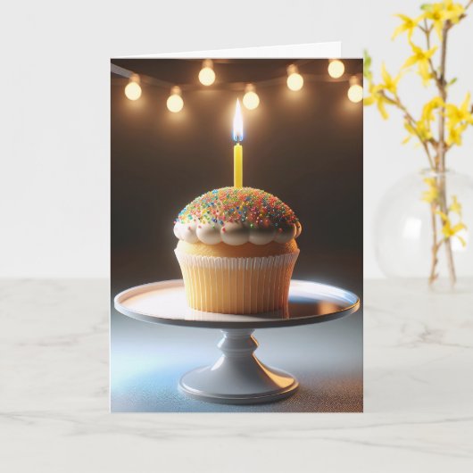 Carte Cupcake Anniversaire Avec Bougie (Fleur jaune)