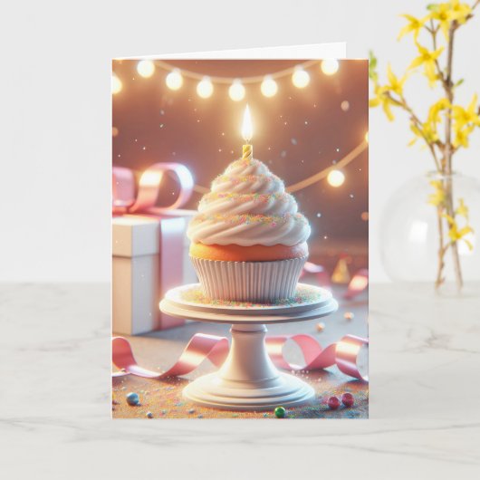 Carte Cupcake Anniversaire Avec Bougie (Fleur jaune)