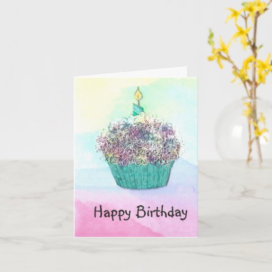 Carte Cupcake Anniversaire & Bougie (Fleur jaune)