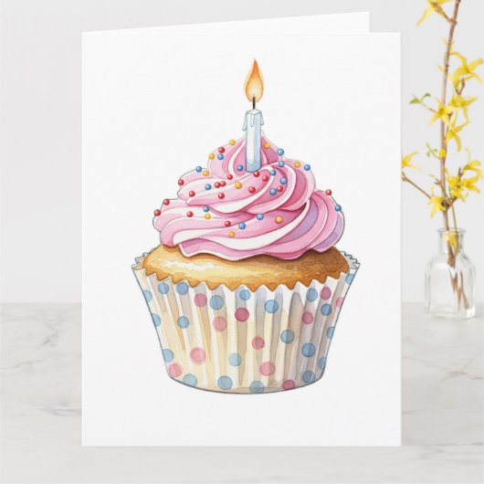 Carte Cupcake Anniversaire (en blanc) (Fleur jaune)