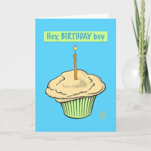 Carte Cupcake avec bougie "Hey, Birthday Boy" (Devant)