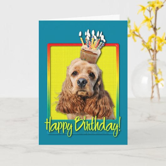 Carte Cupcake d'anniversaire - Cocker Spaniel (Fleur jaune)