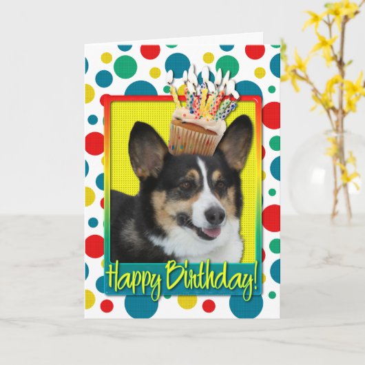 Carte Cupcake d'anniversaire - Corgi (Fleur jaune)