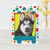 Carte Cupcake d'anniversaire - Husky de Sibérie (Fleur jaune)