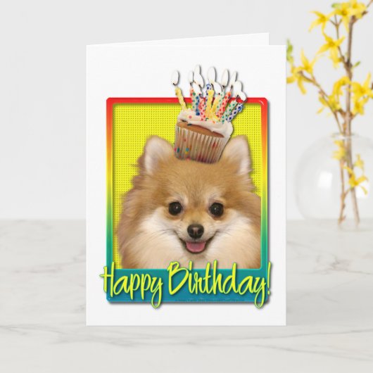 Carte Cupcake d'anniversaire - Pomeranian (Fleur jaune)