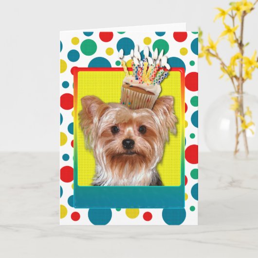 Carte Cupcake d'anniversaire - Yorkshire Terrier (Fleur jaune)