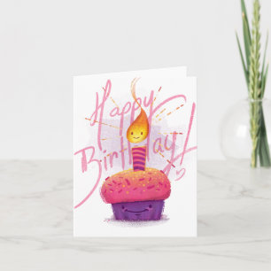 Carte Cupcake rose mignonne et chandelle de dessin
