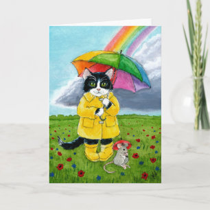 Carte Cupide tuxedo cat, souris, parapluie arc-en-ciel