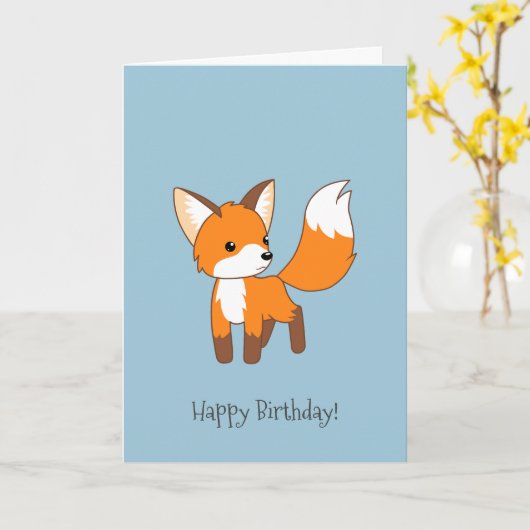 Carte Curieux Petit Renard sur Blue Anniversaire (Fleur jaune)