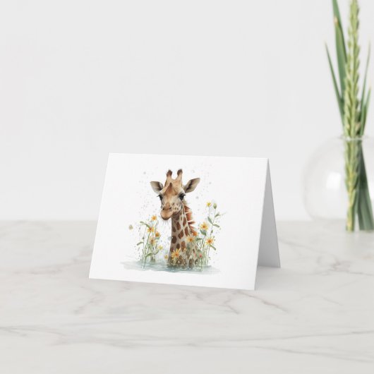 Carte Curieux Tête de Giraffe avec Fleurs BLANC (Devant)