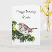 Carte Custom Birthday Watercolor Swainson's Thrush Bird (Fleur jaune)