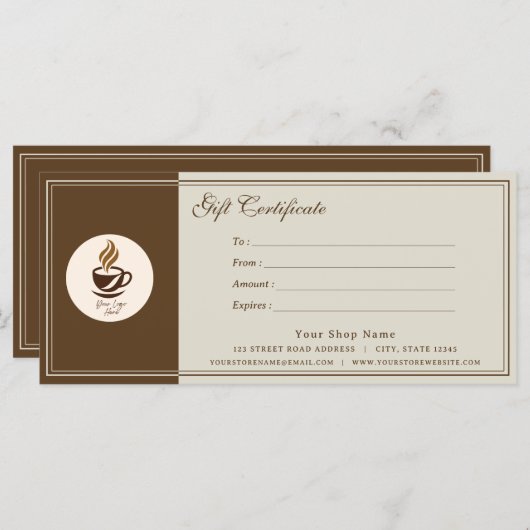 Carte Custom Coffee Shop Gift Certificate | Personalized (Devant / Derrière)