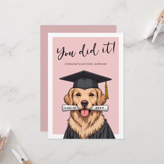 Carte Custom Graduation Cute Golden Retriever (Devant/Arrière en situation)