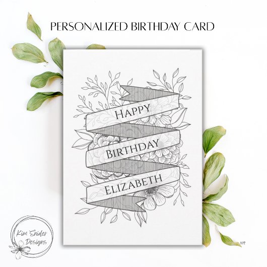 Carte Custom Name Black & White Floral Birthday