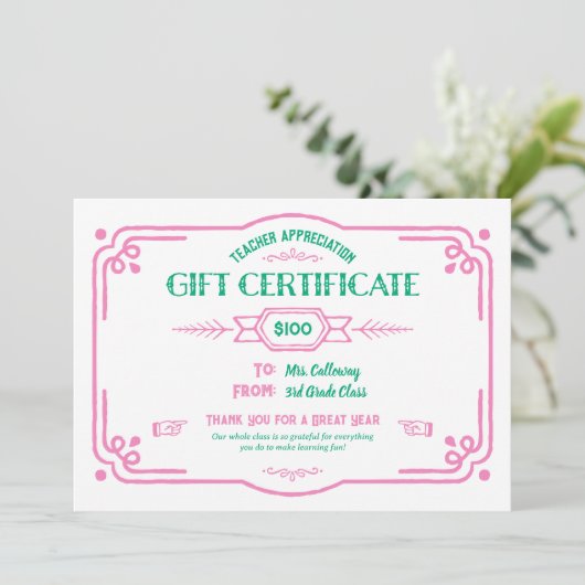 Carte Custom Teacher Appreciation Gift Certificate (Debout devant)