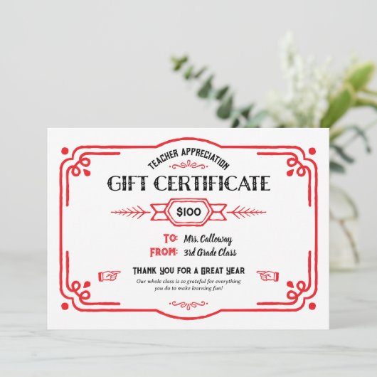 Carte Custom Teacher Appreciation Gift Certificate (Debout devant)