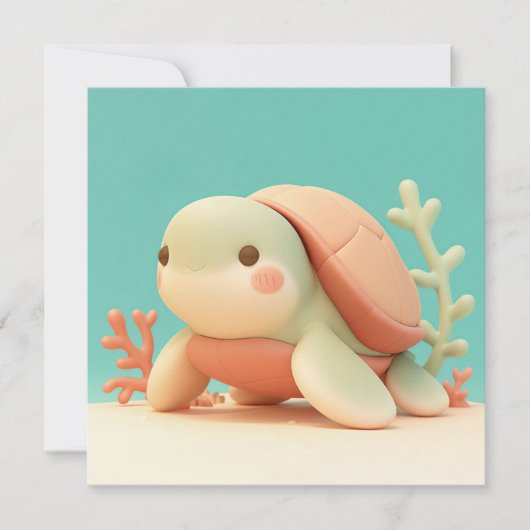 Carte Cute 3D Clay Sea Turtle with Orange Coral Postcard (Devant)