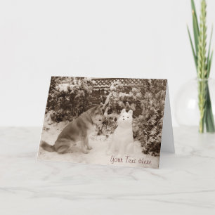 Carte cute akita sitting with snowman snow dog christmas