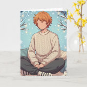 Carte Cute Anime Boy Drinking Coffee in Winter (Fleur jaune)