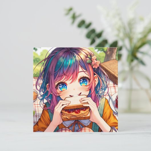Carte Cute Anime Girl mangeant un beurre d'arachide et g (Debout devant)