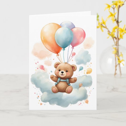 Carte Cute Aquarelle Bear Cub Floating dans l'Air Blank (Fleur jaune)