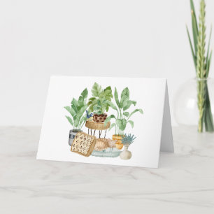 Carte Cute aquarelle couchage Chat et Plantes de maison