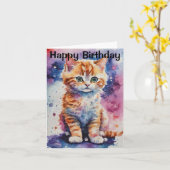 Carte Cute Aquarelle Ginger Kitten Anniversaire (Fleur jaune)