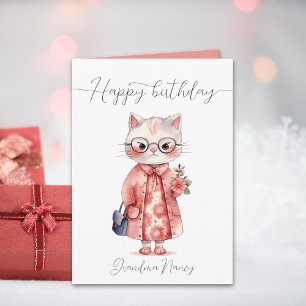Carte Cute aquarelle Granny Chat Joyeux anniversaire