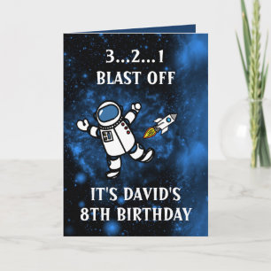 Carte Cute Astronaut Rocket Blue Galaxy 8e anniversaire