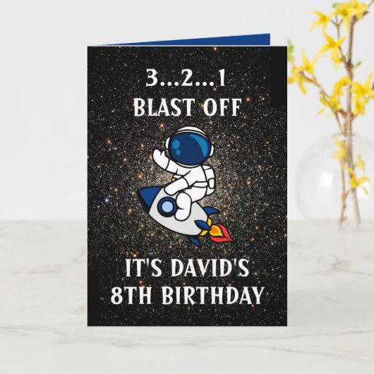 Carte Cute Astronaut Space Rocket Blue 8e anniversaire (Fleur jaune)