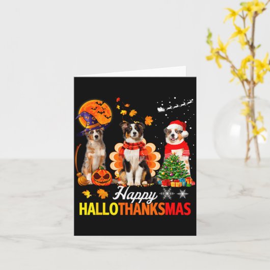 Carte Cute Australian Shepherd Happy Hallothanksmas Xmas (Fleur jaune)