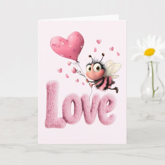 Carte Cute Bee Fluffy Pink Love Heart Balloon Design (Petite plante)