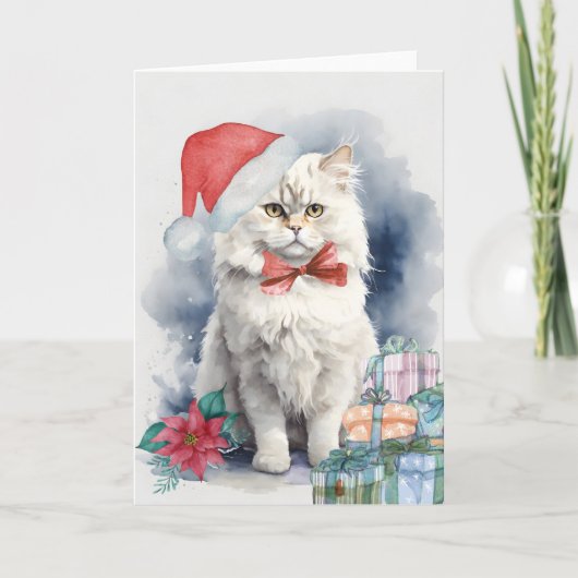 Carte Cute Blanc Chat Santa Hat Cadeaux Blais Noël (Devant)